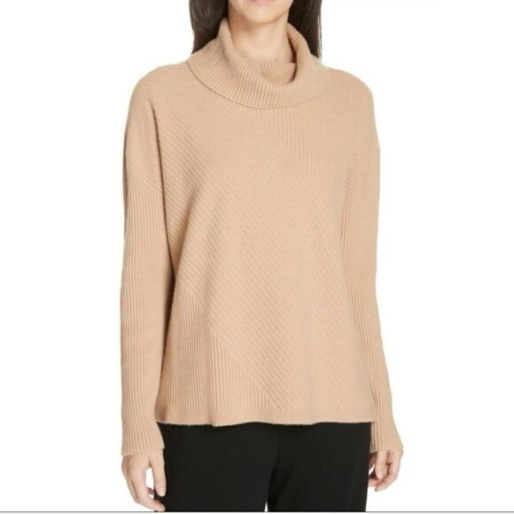 Eileen Fisher | Rib Knit Cashmere Turtleneck Sweater in Camel - Picture 1 of 8